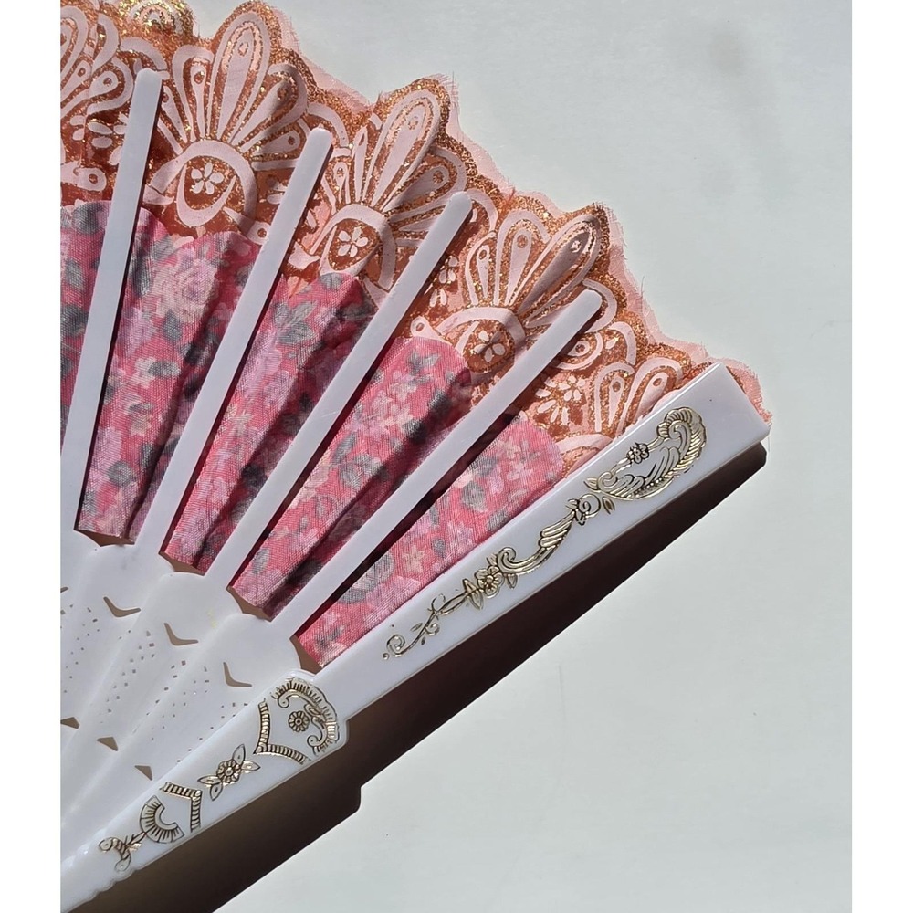 Vintage Floral Folding Hand Fan Pink Red Gold Lace Trim Decorative Asian... - Picture 4 of 6